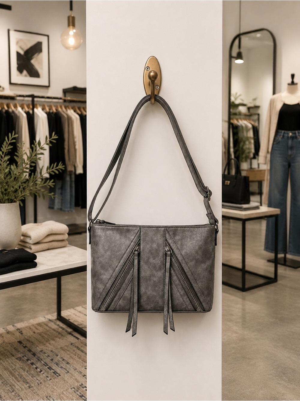 a.n.a Gray Faux Leather Shoulder Bag Double Zip Pocket Purse